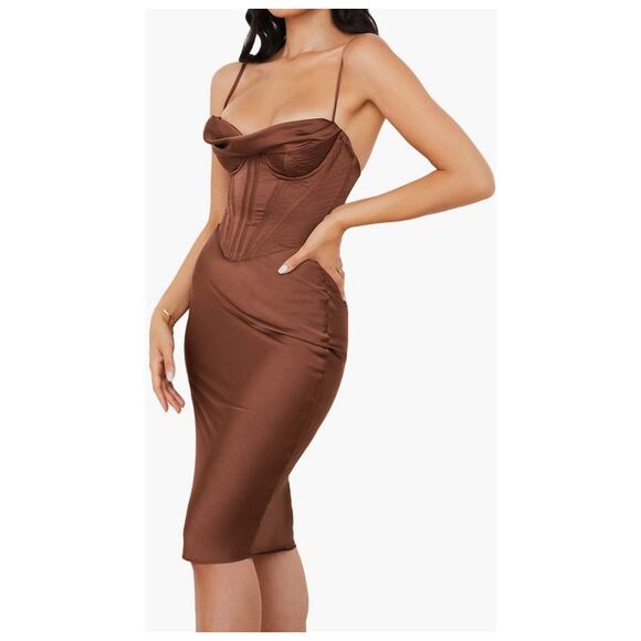 House of CB Myrna Chocolate Brown Satin Corset Dress Size S Small - Picture 2 of 9